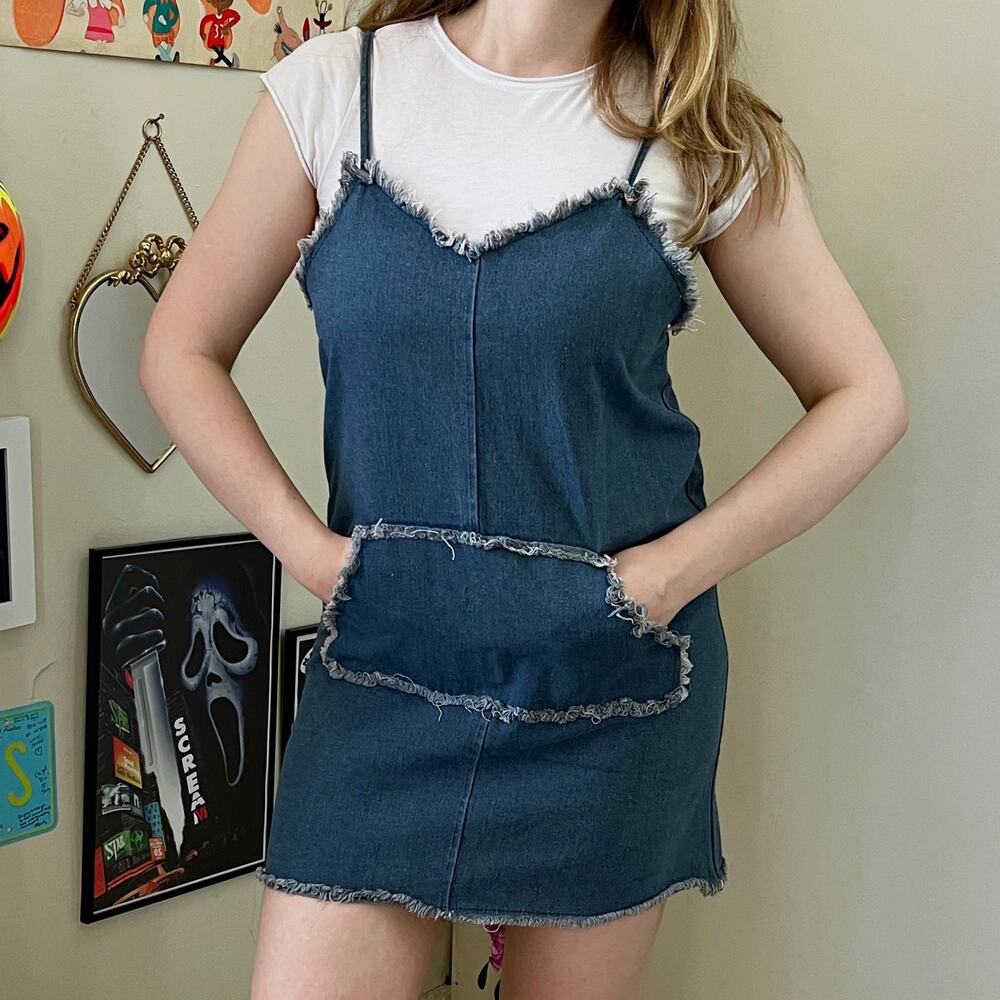 Denim Frayed Hem Mini Dress Size Medium Country Western Slip